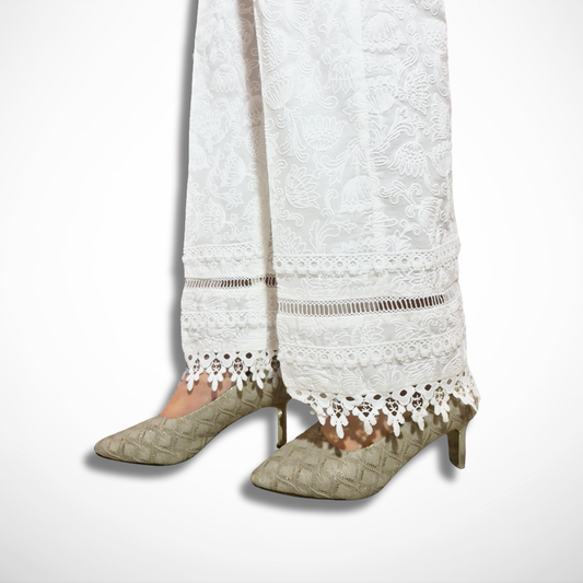 White Lace-Trimmed Puff Embossed Printed Trouser