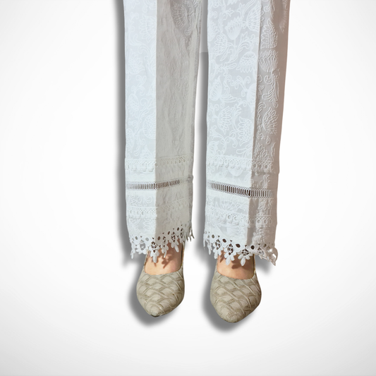 White Lace-Trimmed Puff Embossed Printed Trouser