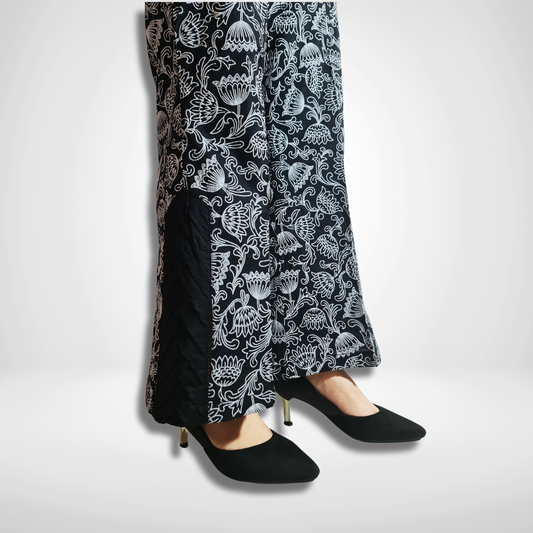 Black Floral Puff Embossed Printed Trouser