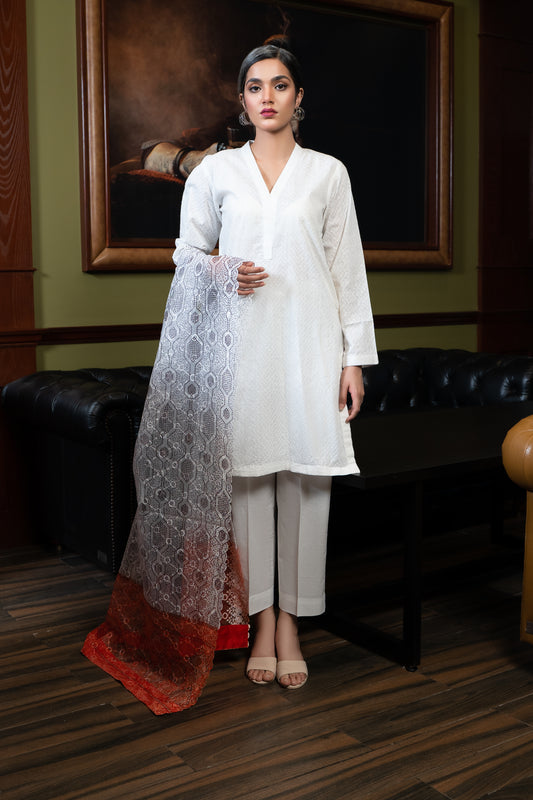 Cotton Embroidered 3 Pcs Suit with Organza Dopatta